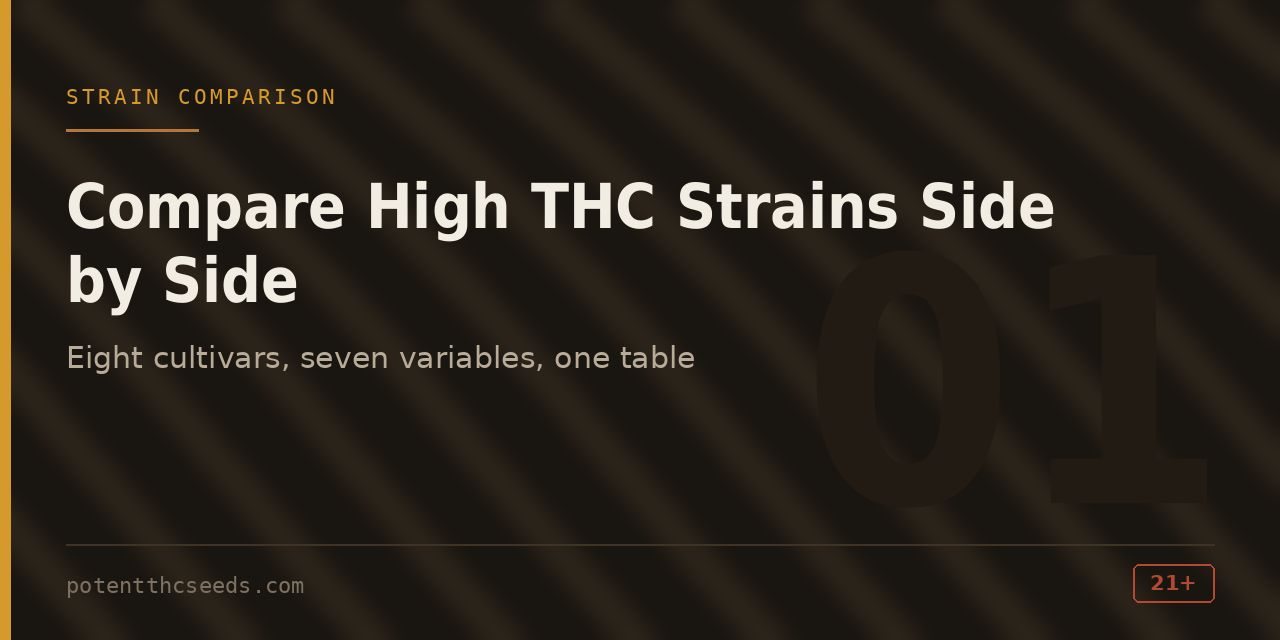 Section cover for the strain comparison table, headed Compare High THC Strains Side by Side
